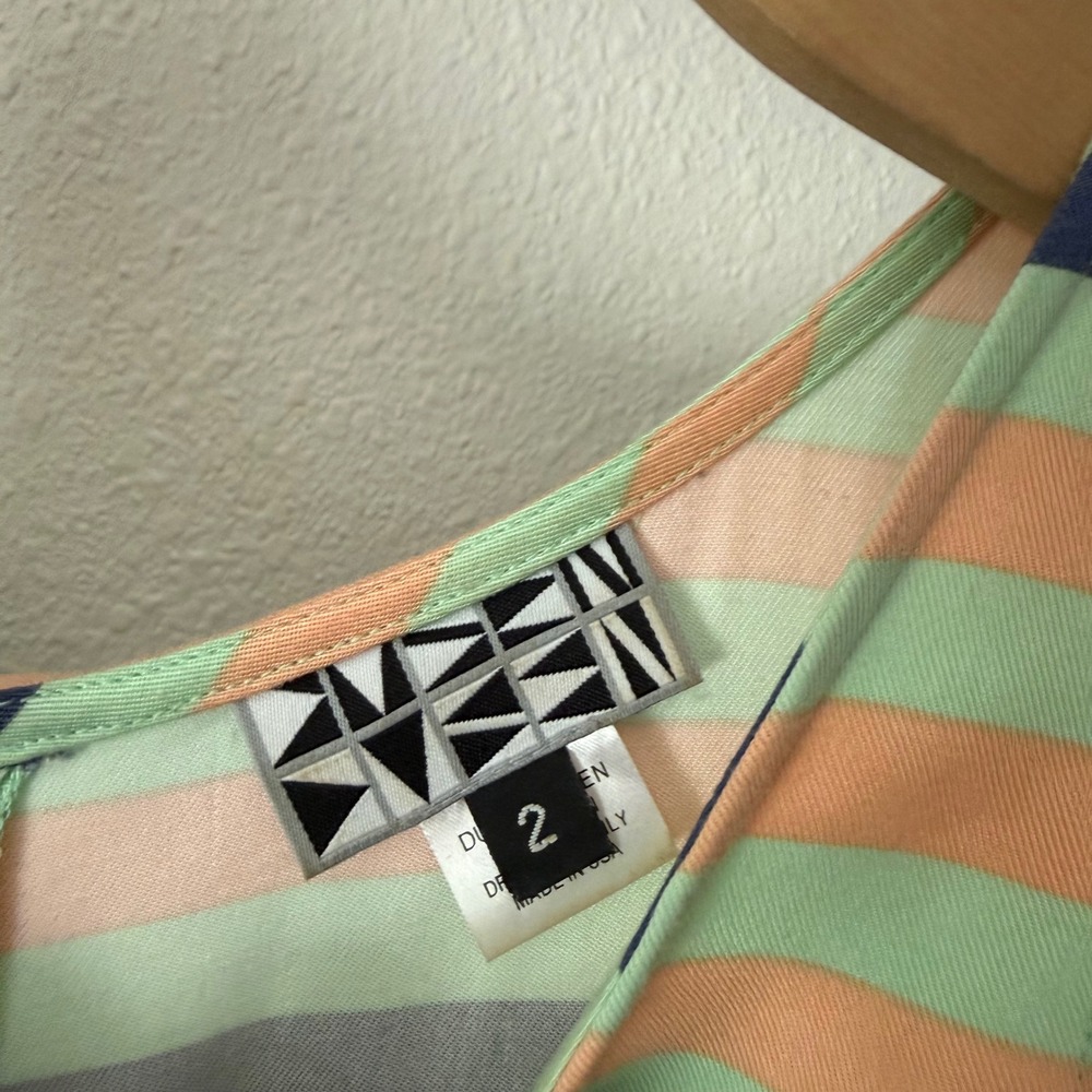 DUSEN DUSEN green navy orange striped rayon sleeveless midi dress - Picture 5 of 6